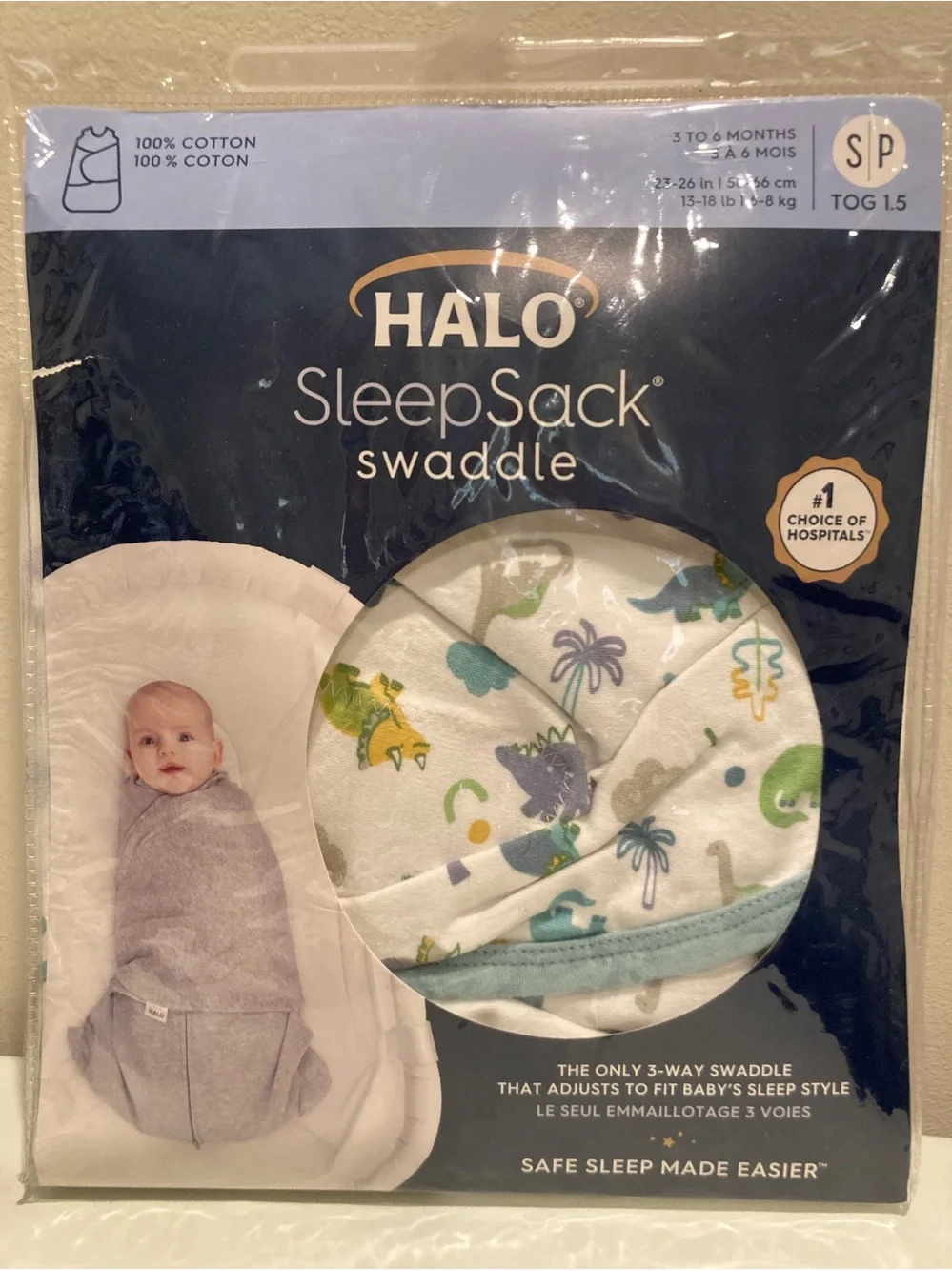 Halo SleepSack Swaddle 3-6 Months White w/ Multicolored Dinosaurs New w/ Tags